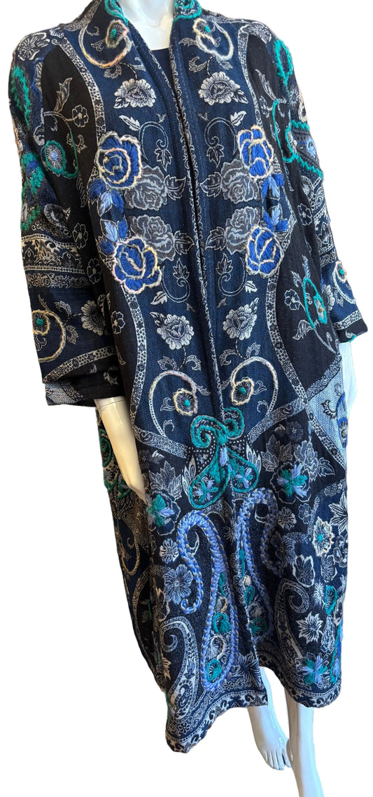 Baba Hand Embroidered Wool Blue Cardigan